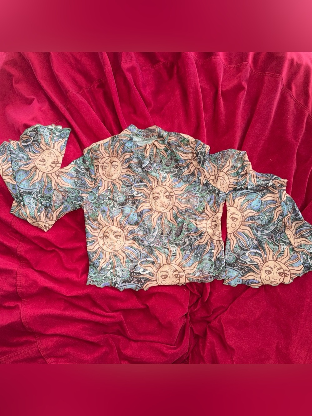 SHEIN Multicolor Sun Print Mesh Long Sleeve Top - Blue & Beige